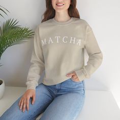 Matcha Sweatshirt, Matcha Aesthetic, Unisex Tan Matcha Crewneck Sweatshirt, Matcha Lovers Gifts, Heavy Blend™ Crewneck Sweatshirt - Etsy Beige Relaxed Fit Sweater With Letter Print, Khaki Relaxed Fit Sweatshirt For Loungewear, Relaxed Fit Cream Sweater With Letter Print, Matcha Shirt, Aesthetic Matcha, Matcha Aesthetic, Gifts Aesthetic, Matcha, Gift For Lover