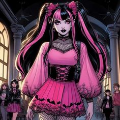 an anime character with long hair and pink dress standing in front of other characters wearing black clothes