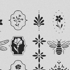 a bunch of different types of flowers and bugs in black and white designs on a gray background