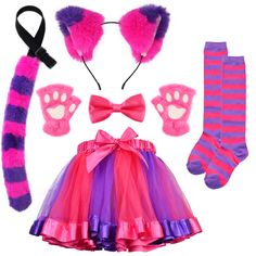 the costume is pink, purple and red with cat paws on it's head