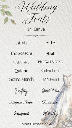 the wedding fonts in canva are displayed on a white background with flowers and leaves