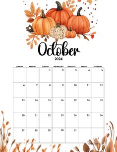 an october calendar with pumpkins and leaves