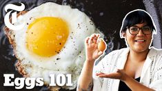 a woman holding an egg in front of her face with the words eggs 101 on it