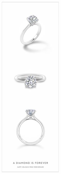 three different types of engagement rings with diamonds on top and bottom, in white gold