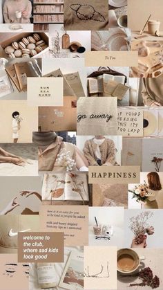 a collage of photos with words and pictures on them, including the words happiness