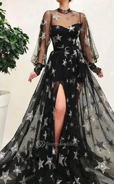 Goth Formal Dress Plus Size, Moon And Stars Prom Dress, Black Starry Dresses, Black Celestial Dress, Celestial Wedding Dress Black, Black Star Dress Prom, Frog Girl, Ethereal Fashion, Evening Dresses Online