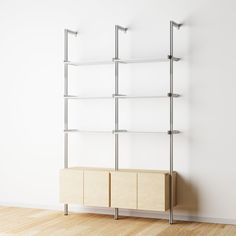 Modular Shelving Units - Aluminum Shelves + Wood Cabinets Aluminum Shelves, Shelves Wood, Wood Shelving, Shelving Design, Frame Shelf, Modular Shelving, Vinyl Storage, Shelving Units, Modern Shelving