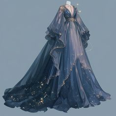 Ice Princess Character Design, Galaxy Formal Dress, Moon Dress Design, Fantasy Gown Art, Night Sky Outfit, Blue Fantasy Gown, Celestial Ball Gown, Blue Fantasy Dress