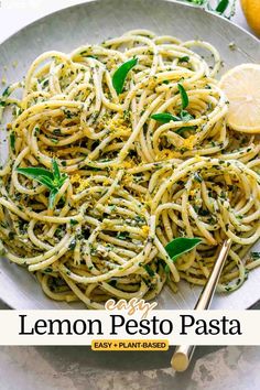 lemon pesto pasta on a plate with basil