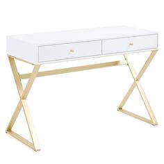 a white desk with two drawers and gold legs