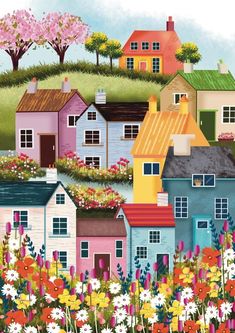 a painting of houses and flowers in the foreground