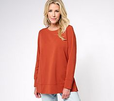 For chilly days and casual outings, this long sleeve sweatshirt is a lightweight must-have. From Belle by Kim Gravel. Comfortable Long Sleeve Winter Tops, Long Sleeve Fall Sweatshirt, Long Sleeve Tops With Ribbed Cuffs For Casual Gatherings, Comfy Long Sleeve Spring Tops, Comfy Long Sleeve Tops For Spring, Everyday Solid Long Sleeve Top For Fall, Solid Long Sleeve Top For Everyday Fall, Cozy Long Sleeve Sweatshirt For Layering, Casual Long Sleeve Solid Color Top For Loungewear