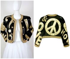 MOSCHINO vintage PACE e AMORE passamaneria Metallic Trim giacca di pelle nero oro Gold Leather Jacket, Fashion Things, Vintage Woman, Open Front Jacket