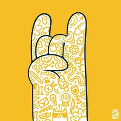 a hand making the number one sign with doodles all over it on a yellow background