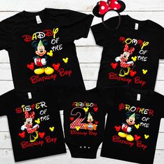 three matching mickey mouse shirts for the baby and mother's first birthday, including one with