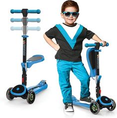 a young boy in sunglasses standing next to two scooters and one is blue