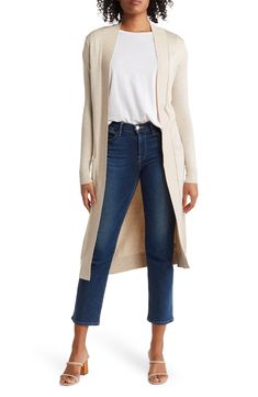 Easily add casual comfort to any look with this longline open-front cardigan cut with must-have pockets from a stretch-enhanced knit blend. 42" length (size S) Shawl collar Long sleeves 70% viscose, 30% nylon Machine wash Imported Model stats: 5'10" height, 32" bust, 25" waist, 36" hip. Model is wearing size S. Knee Length Cardigan, Spring Outfits Women, Dressy Outfits, Casual Winter Outfits, Spring Summer Outfits, Shawl Collar, Long Cardigan