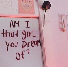 a sign that says am i that girl you dream of? next to a rose