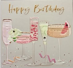 a birthday card with champagne glasses and confetti