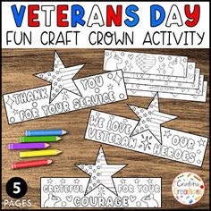 This Veterans Day crown craft is a fun and meaningful activity for Students.The Crown Hat Headband is a simple paper or cardstock craft shaped like a crown, which students can decorate and wear to show appreciation for veterans.What's Included:5 pages of printable veterans day coloring crown, hat craft designsPage size: 11 x 8.5 inHigh-quality, easy-to-print PDF file.Take a closer look at the detailed 'preview' to explore the images and get a better view of our veterans day coloring crown , hat craft before you download.It's a wonderful way for students to express their gratitude and learn about the significance of Veterans Day in a hands-on activity, using these craft crowns and hats.Other veterans day crown craft styles: Veterans Day Heart Flag Headband Crown Veterans Day Headband Soldie Veterans Day Craft, Veterans Day Coloring Page, Cardstock Crafts, Headband Crown, Crown Crafts, Veteran's Day, Hat Headband, Coloring Bookmarks, Crown Hat