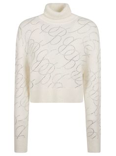 Roll Neck Embellished Knit Sweater from Blumarine Composition: 52% Alpaca, 32% Polyamide, 13% Wool, 3% Elastane | Blumarine Women's Roll Neck Embellished Knit Sweater in White/Natural | FW23/24 White Jumper, Versace Shop, Construction Logo, Roll Neck Jumpers, Roll Neck, Luxury Boutique, Size Clothing, Sweater Outfits, Clothes For Sale