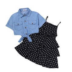 Brand Name: DOCHEERMaterial: COTTONMaterial: PolyesterGender: GirlsAge Range: 4-6yAge Range: 7-12yStyle: CasuaSeason: SummerCollar: Turn-down CollarItem Type: SetsClosure Type: Single BreastedModel Number: NONESleeve Length(cm): SHORTSleeve Style: RegularFit: Fits true to size, take your normal sizeOuterwear Type: ShortsPattern Type: polka dotDepartment Name: Children Denim Jacket Fashion, Childrens Dress, Girl Sleeves, Polka Dot Skirt, Printed Casual Dresses, Cool Baby, Summer Outfits Kids, Set Outfits, Suspender Skirt