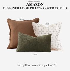 three pillows with different colors and sizes, each pillow comes in a pack of 2