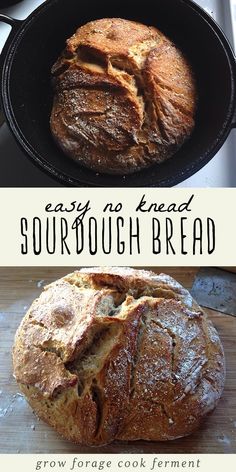 an easy no knead sourdough bread recipe in a cast iron skillet