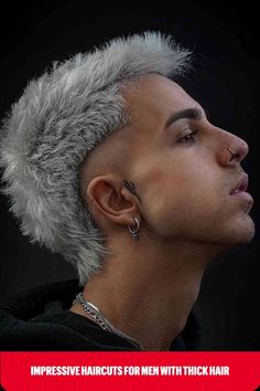 Silver Thick Mohawk with No Fade for Guys Thick Mohawk, Men With Thick Hair, High Volume Hair, Men Short Hair Fade, Short Hair Mohawk, Very Short Hair Men, Bleached Hair Men, Mohawk Hairstyles Men