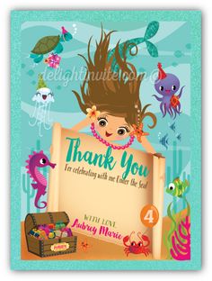 a thank card with an image of a mermaid holding a sign