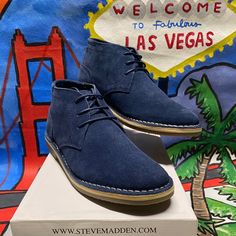 Chukka Boots Color: Navy Suede Original Shoe Box Included New Blue Suede Plain Toe Boots, Casual Blue Boots With Suede Lining, Casual Blue Suede Boots, Casual Blue Boots For Workwear, Casual Blue Workwear Boots, Shoes Steve Madden, Steve Madden Shoes, Shoe Box, Chukka Boots