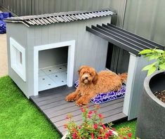 a brown dog laying on top of a wooden house next to a potted plant