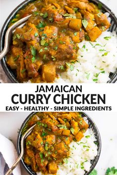 jamaican curry chicken in a bowl with rice and cilantro