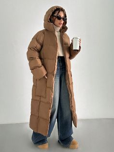 Long Puffer Coat Outfit, Brown Puffer Jacket Outfit, Long Puffer Jacket Outfit, Puffer Jacket Outfits, Puffer Coat Outfit, Long Padded Coat, Brown Puffer Jacket, Puffer Jacket Outfit, Outerwear Women Winter