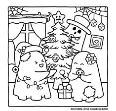 a christmas coloring page with three cartoon animals and a tree in the corner, one is holding