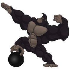 an illustration of a gorilla doing exercises with a kettle weight plate and holding a black ball