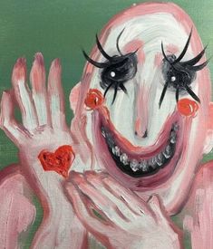 a painting of a creepy clown holding his hands up to the camera with one eye open