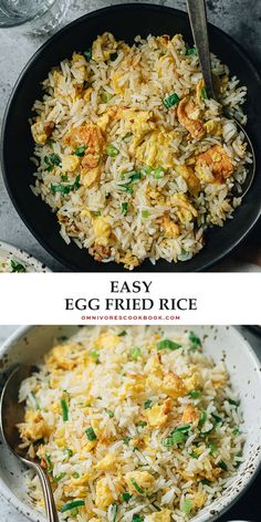 an egg fried rice in a skillet and another image with the words easy egg fried rice