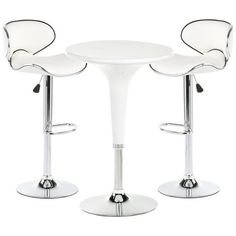 two white stools and a round table with hearts on the back, set against a white background