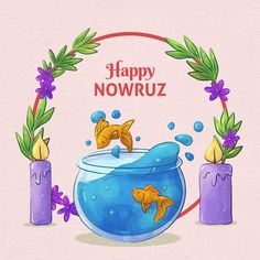 an image of a happy nowruz card with goldfish in a fish bowl