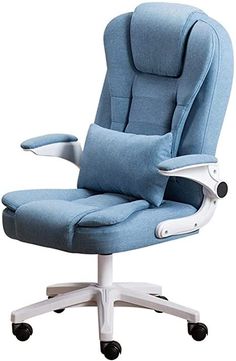 a blue office chair sitting on top of a white base with arms and legs extended