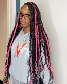 Braid Side Part, Hairstyles Braiding Hair, Black And Pink Passion Twists, Pink And Black Island Twist, Island Boho Twist With Color, Pink Island Twist, Pink Twists, Braids Color, Hair Styles Braids Ideas