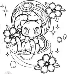 a cartoon cat sitting in a bowl with flowers and stars around it, coloring page