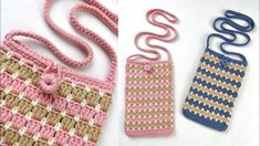 three crocheted purses are shown in different colors and patterns, one is pink, the other is blue