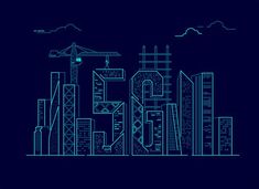 a blue line drawing of a city with buildings and cranes in the sky, against a dark background