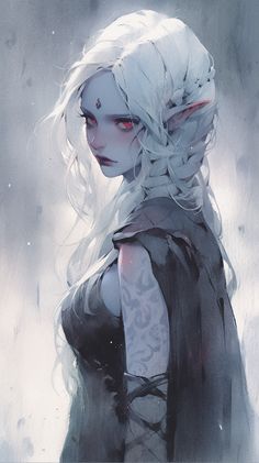 a woman with white hair and red eyes