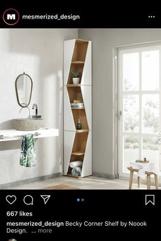 a bathroom with a corner shelf next to a sink