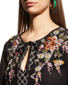 Spring Floral Embroidered Top With 3/4 Sleeve, Floral Embroidered Top With 3/4 Sleeves For Spring, Spring Blouse With Floral Embroidery And 3/4 Sleeves, Yoke Designs, Linen Top, Johnny Was, Blouse Black, Embroidered Blouse, Luxury Fabrics