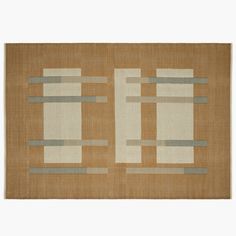 a beige rug with grey and white lines on it, in the shape of rectangles