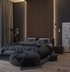 a large bed sitting in the middle of a bedroom next to a tall wooden wall